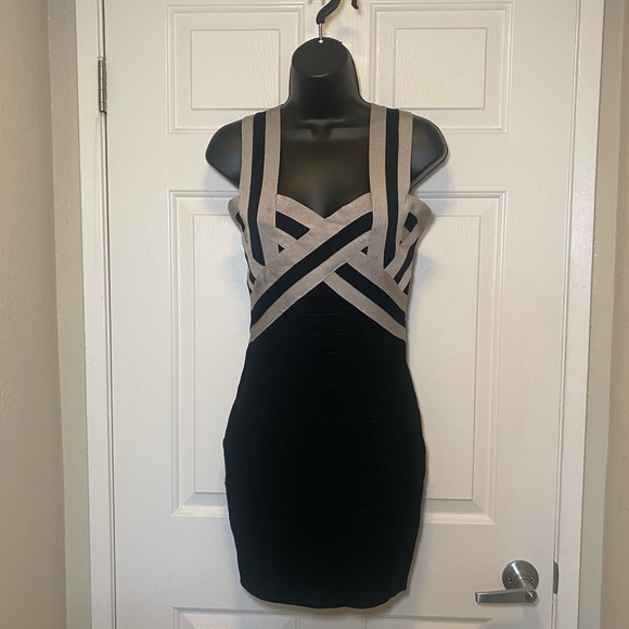 Herve Leger | Dresses | Black Silver Herve Leger Mini Cutout Tank Sexy  Short Sleeve Bandage Dress M | Poshmark